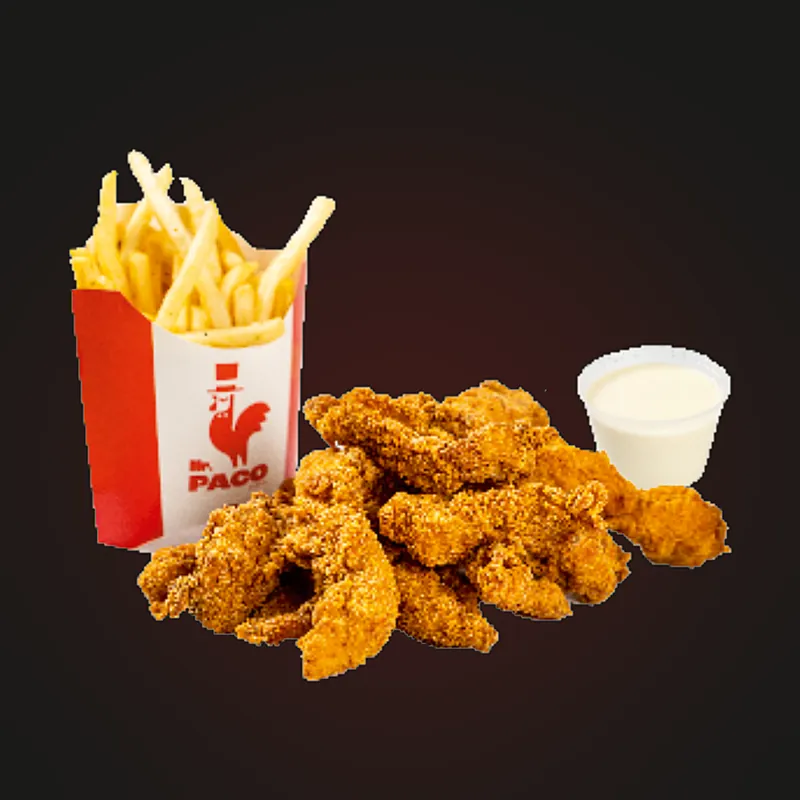 Meniu Crispy: crispy strips, cartofi prăjiți și sos